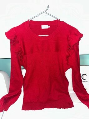 Ruffle Shoulder Long Sleeve Knit Top - Red